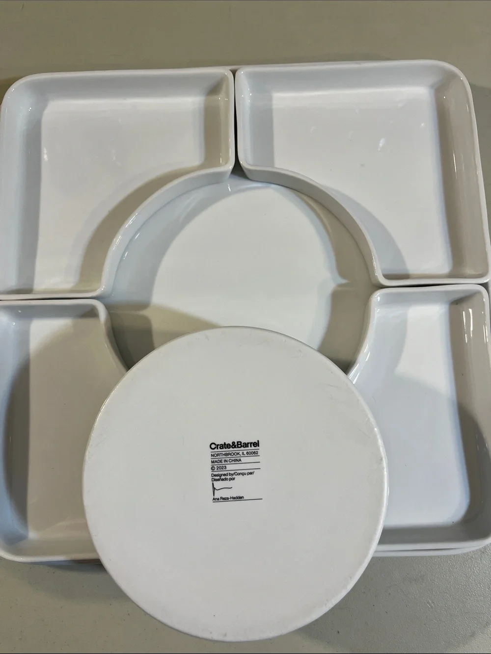 Crate&Barrel White Ceramic Divided Serving Platter with Center Bowl
